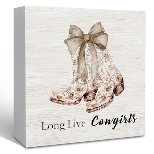 Image of KFXHANGD Long Live Cowgirl Beige Bow Wooden Box Sign Desk Decor, Preppy Western Decorative Signs for Girls Living Room Bedroom, Beige Cowgirl Boot Shelf Desk Decor 5x5 Inch