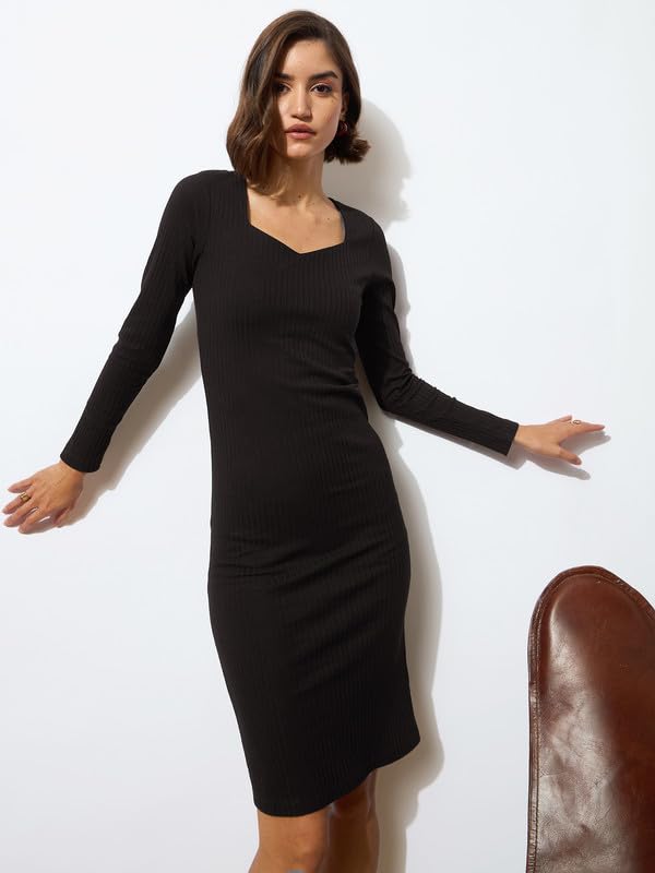 Image of barcino Black Rib Sweetheart Neck Knee Dress