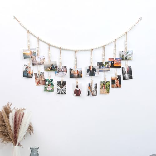 DIFLAX Hanging Photo Display Boho Wall Decor, Wooden Beads Garland Picture Card Collage Frame Holder with 18 Clips for Bedroom Living Room Dorm Teen Teenage Girls Gifts