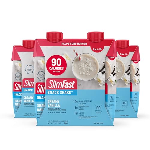 SlimFast Snack Shake, 90 Calorie Fiber Shake, Ready to Drink, Protein Drink, Creamy Vanilla, 12 Count