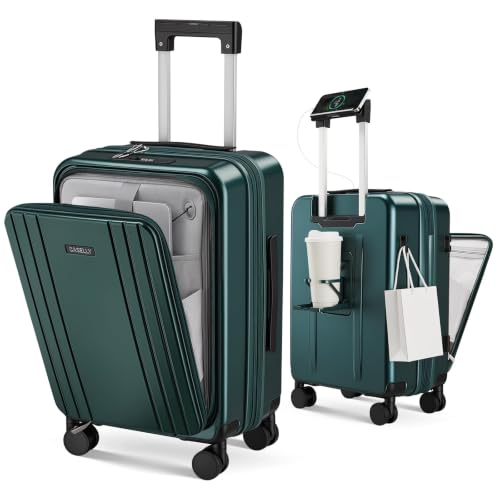 Image of Carry on Luggage Top opening Suitcases, Expandable with Cup&Phone Holder and USB Charging Port,Hardside with Front Pocket Rolling Suitcases with Spinner Wheels&YKK Zippers(Dark Green, 20 Inch)