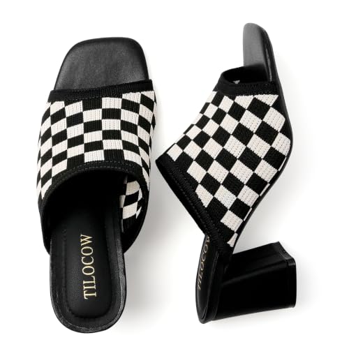 Image of Tilocow Knit Heeled Sandals for Women Square Open Toe Heeled Mules Chunky Block Low Heel Slip On Slides
