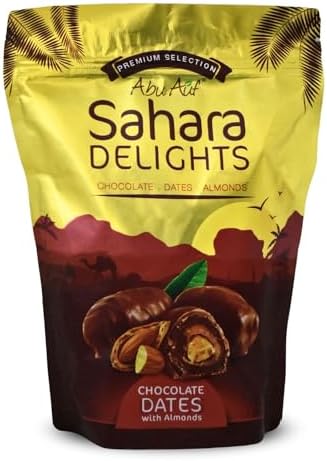 Abu Auf Semi Dry Dates Without Seed Stuffed With Almond Coated With Chocolate Sahara Delights Delicious Finest Natural Tamr Free From Genetically Modified Fresh Kosher Halal (1 Pack = 10.58 oz)