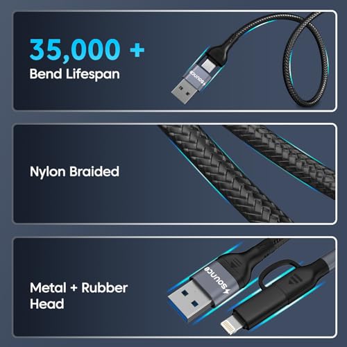 Image of Sounce 4-in-1 Fast Charging Cable USB-A to Type-C & Lightning, 60W /3A PD Power Delivery, 480Mbps Data Transfer, Swappable Charging Heads, Universal Multi-Device Compatibility Black (1.5m)