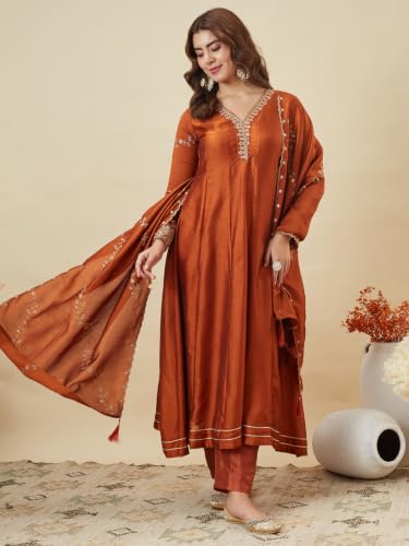 Image of MOKOSH Women's Silk Embroidery Anarkali Kurta Pant with Dupatta | Anarkali Kurta Set |Ethnic Kurta Set for Women |Floral Kurta 7 Colour Options Available |3 Piece Outfit