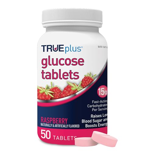 TRUEplus Glucose Tablets Chewable Raspberry Flavor 15g Fast-Acting Carbohydrates Fat Free Gluten Free Boosts Energy 50 Count
