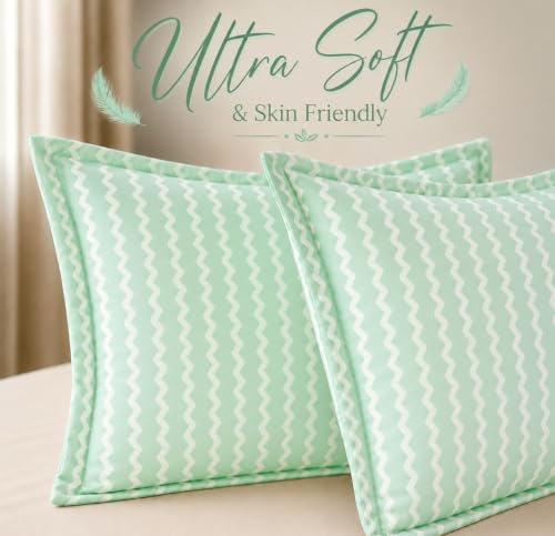Image of VAS COLLECTIONS Premium 210 TC Cotton Satin Stripe Pillow Cover Set of 2 (18x28 Inches) | Hotel Quality Soft Breathable Pillow Cases | Pillow Covers for Home Hotel Hospital Use, Green & White