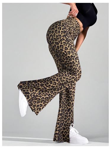 Floerns Women's Y2k Leopard Print Bell Bottom Pants High Waisted Slit Flare Pants4