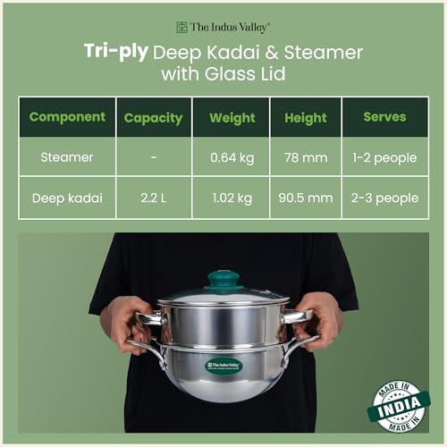 Image of The Indus Valley Triply Stainless Steel Cookware Set of 3 | 20cm Triply Deep Kadai (2.2L) and Stainess Steel Steamer with Common Glass Lid | Induction Base | Multipurpose Cooking - Steam, Fry, Boil & Cook | Perfect for Momos, Dum & Curries