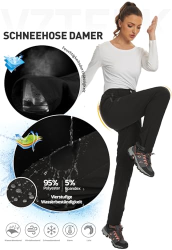 Vzteek Damen-Wanderhose-Thermohose-Skihose-Schneehose-Softshellhose-Wasserdicht Winter Warm Gefüttert Arbeitshosen Regenhose Trekkinghose Outdoor Hosen für Damen Cargohose (Klassisch Schwarz,XS)