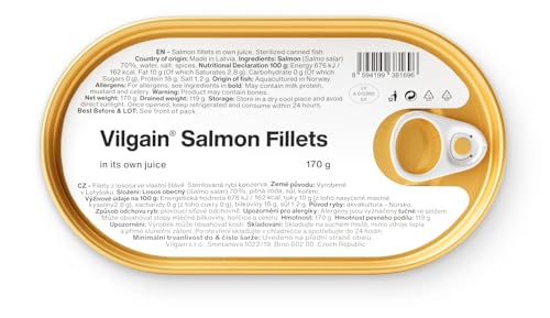 Vilgain Lachsfilets im eigenen Saft – von der norwegischen Küste, reich an Omega-3-Fettsäuren EPA & DHA, 100% reines Fleisch, ohne schädliche Zusätze, saftig & protein gesunde Ernährung, 120 g