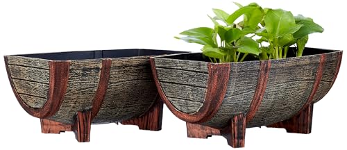 Image of Amazon Brand- Solimo Indoor and Outdoor Rectangular 16 Inch Half Barrel Flower Planter Pot Best for Terrace /Balcony /Home /Office Decor - Set of 2