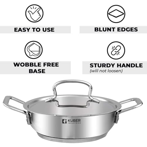 Image of Kuber Industries XtraDeluxe Deep Frying 2.2 Liters Triply Stainless Steel Kadai for Cooking with Lid | Induction Compatible Kadhai /Cookware for Kitchen | Has Cold-Touch Handles | SS - Silver