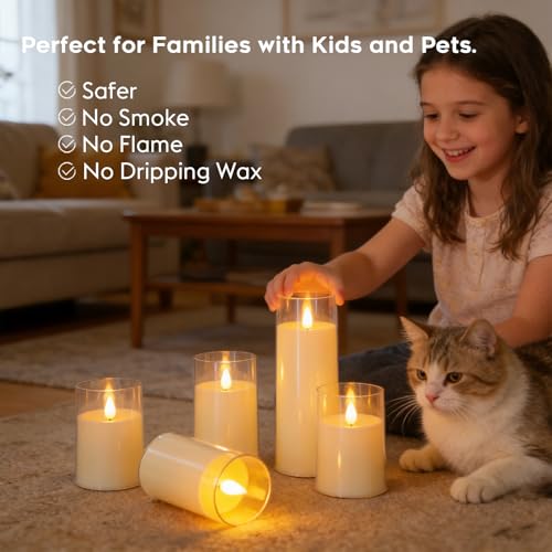 Image of Fo32won Ivory White LED Flameless Pillar Candles Battery Operated with Remote Timer, 5 Pack 3D Flickering Acrylic Candles for Home Living Room Bedroom Fireplace Wedding Party Holiday Decor & Gift