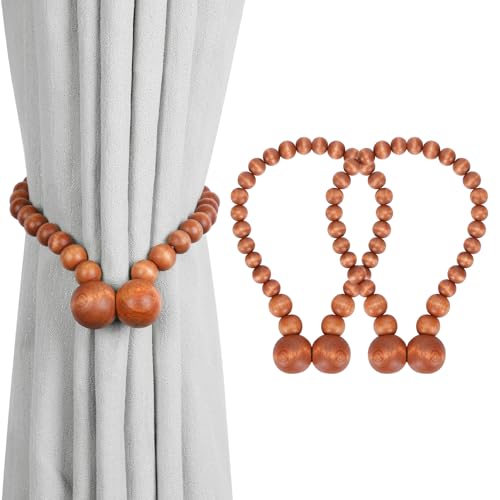 Image of KLOGTSIND Magnetic Curtain Tiebacks, Curtain Tie Backs for Curtains 2 Pack, Wood Bead Curtain Tiebacks, Curtain Holders for Boho Bedroom Decor, Baby Nursery Decor, Farmhouse Decor