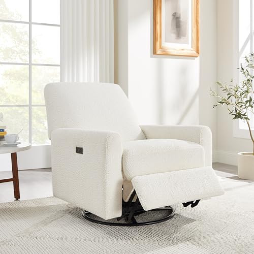 Image of VANOMi Power Swivel Glider Recliner Chair, Electric Nursery Rocker Recliner Chair, USB & Type-C Charger, Boucle White