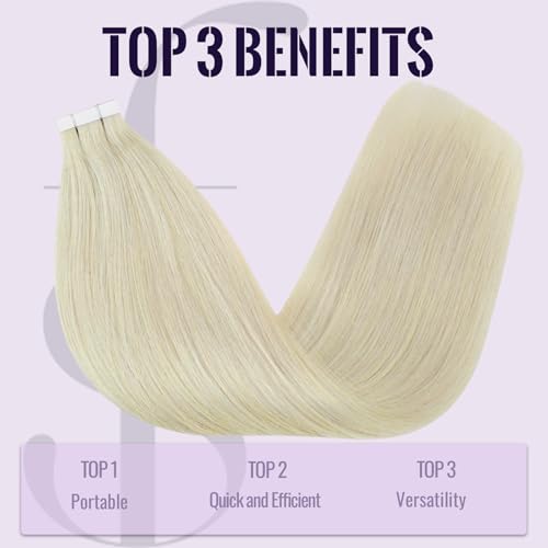 Fshine Blonde Tape in Extensions Real Human Hair,20 Inch 20 pcs 50 g,Straight Invisible Hair Extensions Color 1000 White Blonde,For Women Ladies Girls - Image 4