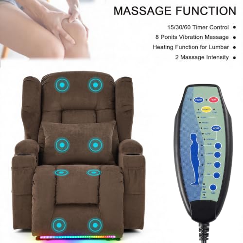 Image of Wall Hugger Power Recliner Chair Set of 2, Overstuffed Home Theater Seating w /Heat Massage Electric Movie Gaming Sofa Reclining Sleeper Chair with LED Light /Lumbar Pillow /Cup Holders