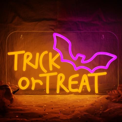 Image of MissAudrey Trick or Treat Neon Sign for Wall Window Decor, 15 * 8.7in Halloween Party Hanging Bat Neon Sign,USB Powered Dimmable Halloween Sign Decorations for Home Bar Salon Coffee Stores Porch