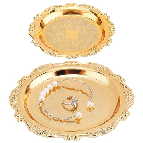 PH PandaHall 2pz Vassoio Decorativo per Gioielli Dorato Vintage Piatto per Gioielli in Metallo, Vassoio Portaoggetti Antico Rotondo Piccolo per Gioielli per La Decorazione Della Casa, 10cm/15cm
