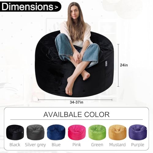 HABUTWAY Bean Bag Chair 3Ft Luxurious Velvet Ultra Soft Fur with High Rebound Memory Foam Bean Bag Chairs for Adults Plush Lazy Sofa with Fluffy Sponge 3' (Black New)