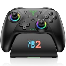 Switch 2 Controller Compatible with Nintendo Switch 2/Switch/OLED/Lite - Hall Effect Joystick & Trigger - 7 Color RGB Wireless Pro Controller with Charging Dock, Macros, Turbo, KeyLinker App - Black