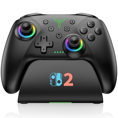 Switch 2 Controller Compatible with Nintendo Switch 2/Switch/OLED/Lite - Hall Effect Joystick &amp; Trigger - 7 Color RGB Wireless Pro Controller with Charging Dock, Macros, Turbo, KeyLinker App - Black