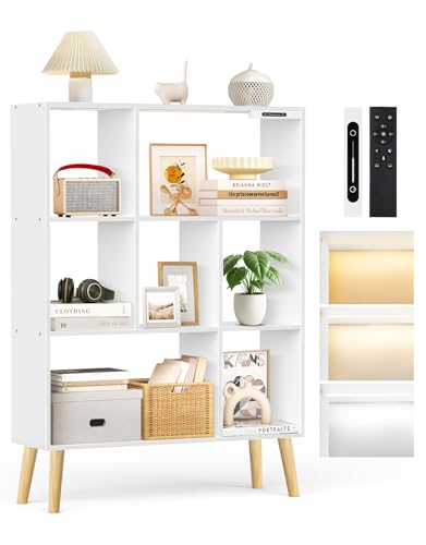 OUTONLIFE Estantería de 7 Cubos con Luces LED, Control Táctil y Remoto, Librería Moderna Independiente Regulable, Organizador de Madera para Salón, Dormitorio u Oficina