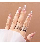 24 PCS White Line Press on Nails Medium Fake Nails Geometric Line Fake Nails French Fake Nails We...