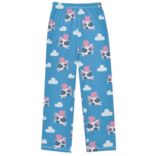 Boy's Pj Pants Cute Flying Cows Pink Wings Blue Cloud Lounge Bottoms Elastic Kids Joggers with Pockets Size 6-14