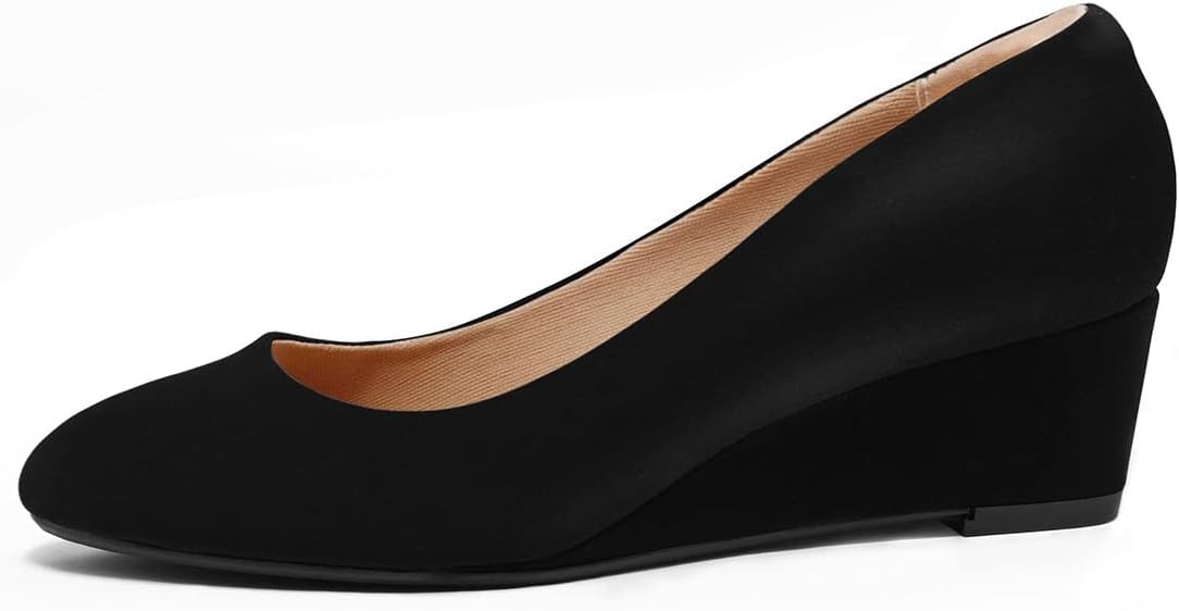 FSJ Women Round Toe Wedge Heels Pumps Closed Toe Solid Slip On Mid Heels Wedding Bride Dress Shoes Size 4-15 US