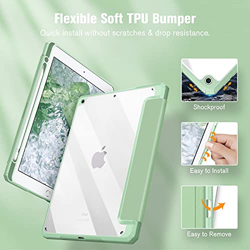 Fintie Custodia Per Ipad 10.2 Pollici 9A / 8A / 7A Generazione (2021 2020 2019) - [Built-In Pencil Holder] Antiurto Sottile Case Posteriore Trasparente Cover Con Auto Sveglia/Sonno, Salvia Verde - 5