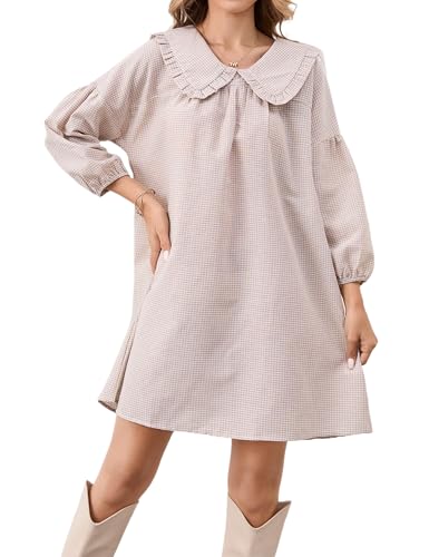 Lenader Damen-Babydoll-Kleid mit Puffärmeln, niedliches Gingham-Kleid, kurze Kleider, Bubikragen, kariertes Etuikleid, kariertes Minikleid, Khaki,...