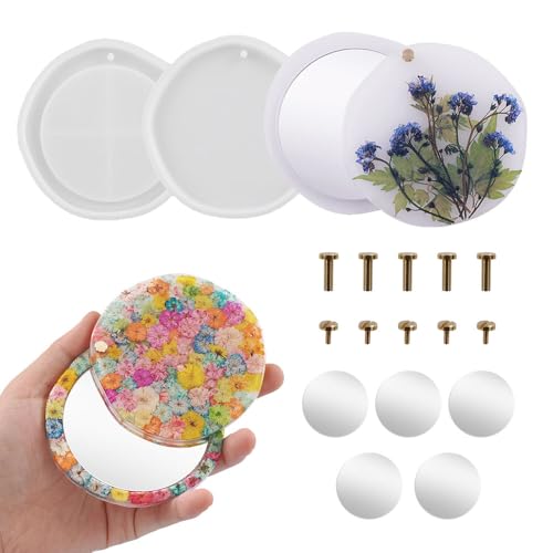 BIGEBO Makeup Mirror Resin Mold Kit, Compact Mirror Resin Mold with 5Pcs Acrylic Mirror Pocket Silicone Molds for Epoxy Resin Craft DIY