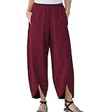 Bblulu Plus Size Pants for Women Casual Cotton Linen Baggy Pants Casual Elastic Waist Solid/Pattern Harem Pants Red