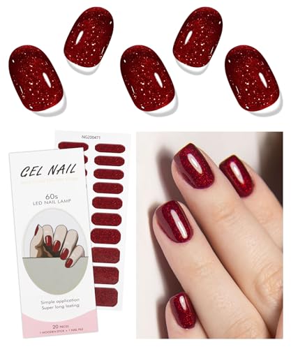 JMEOWIO Autocollants pour ongles en gel semi-durci - Rouge foncé Paillettes de Noël - UV/LED - Accessoires de décoration