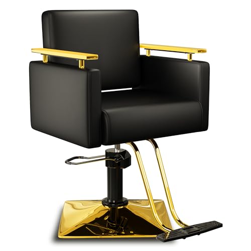 Baasha Professional Black and Gold Salon Chair, Luxury Hydraulic Styling Chair with Soft PU Leather, High-Density Foam Cushion, 360° Swivel, Heavy-Duty Steel Frame, 330 lbs Capacity, Ergonomic Design