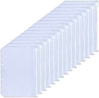 HAUTOCO 15PCS A5 Zipper Binder Punched Pockets, 6-Holes Clear Loose Leaf Bags Notebook Planner Insert Pages, Document Folders Bill Pouch Organizers