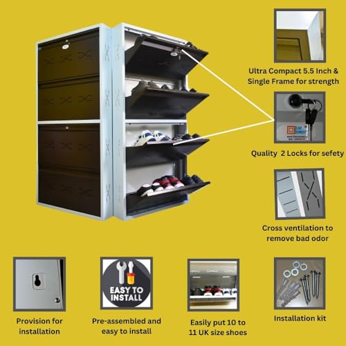 Image of I Metal Shoe Rack I Double Lock I Slim and Wall Mounted I 4 Shelves (Brown Colour) I Coad LC 2L-04 BR I Height 58 Inches, Width 29 Inches, Depth 5.5 Inches I 3 Years Warranty.