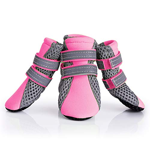 PETCUTE Hundeschuhe Pfotenschutz Wasserdicht Hunde Schuhe Anti-rutsch Schneeschuhe für Hunde mit Reflektierendem Rieme(Rosa S-3.5 * 3.0 cm) Cover