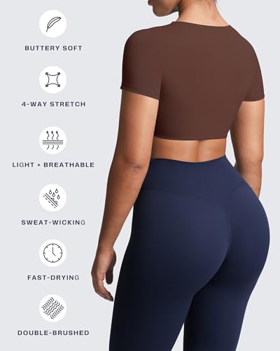 Image of Aoxjox Short Sleeve Crop Tops for Women Sienna Twist Deep V Workout Cropped T Shirt Top
