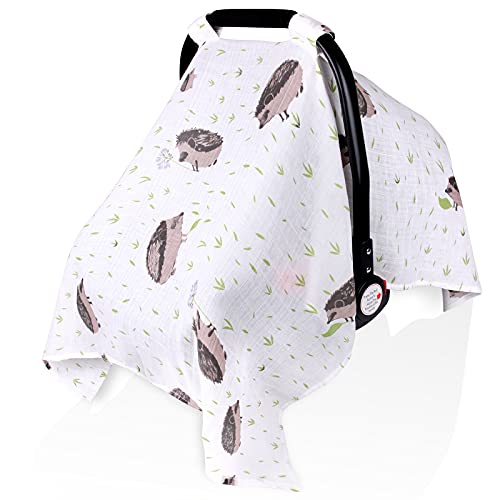 Image of Muslin Baby Car Seat Cover, Metplus Infant Carseat Canopy Newborn Carrier Stroller Covers for Girls Boys, Lightweight Breathable Fit Summer Spring Autumn, Large Size 47.2 x 35.4 inch, Hedgehog