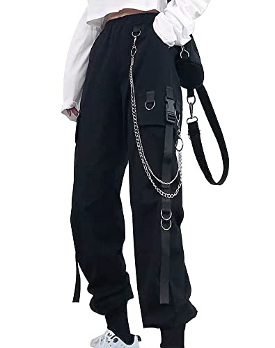 Black Cargo Pants with Chain Kpop Fashion Gothic Clothes for Women Emo Pants Aesthetic Pants for Teens Cyberpunk Pants