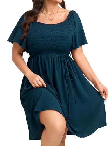 Image of SCOMCHIC Womens Plus Size Summer Dresses Casual Short Sleeve Smocked Square Neck Tie Waist Flowy A Line Mini Sun Dress