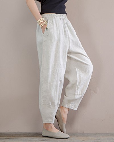 IXIMO Women's 100% Linen Pants Relax Fit Lantern Cropped TaperedPants Trousers with Elastic Waist4