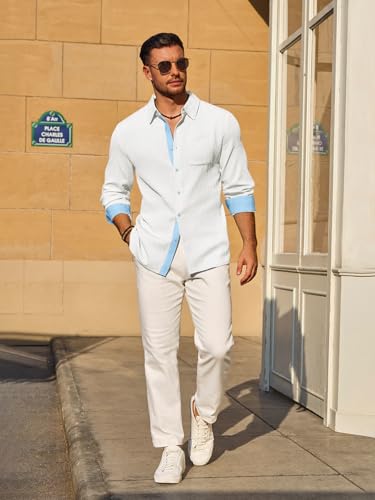 Yousify Mens Button Down Shirts Long Sleeve Casual Textured Dress Shirt Wrinkle-Free Beach Tops with Pocket4