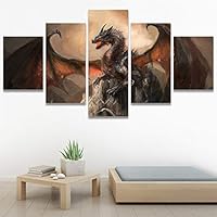 SIGNWIN 5 Panel Canvas Wall Art War with The Dragon on Castle Abstract Plants Illustrations Impressionism Modern Panoramic Relax/Calm Multicolor for Living Room, Bedroom, Office - 60