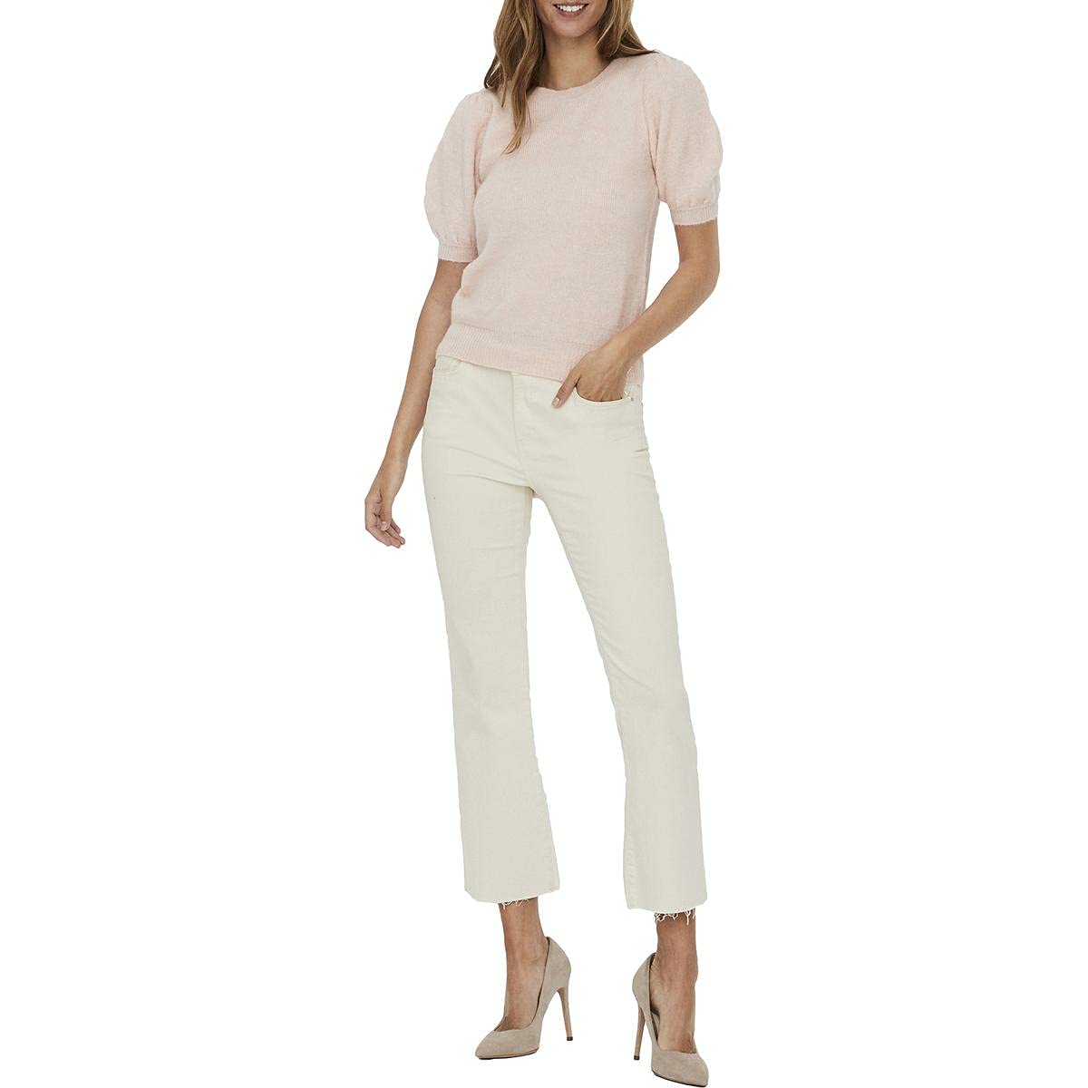 Women's Knit Puff Sleeve Regular Fit Pullover Sweater