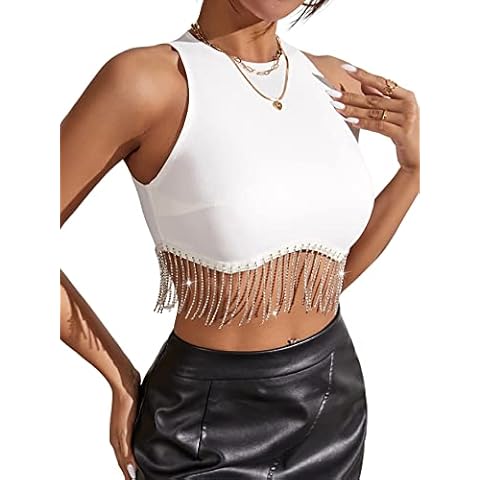 Milumia Women Rhinestone Fringe Zip Back Sleeveless Round Neck Fitted Crop Tank Tops, A White, Large Cover