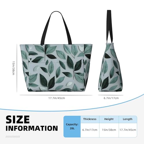 Mint Gray Leaf Large Beach Tote Bag Women Beach Tote Bag For Pool Gym Grocery Travel With Multiple Pocket4
